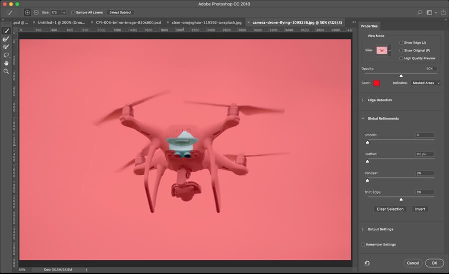 Refining mask around drone in Photoshop CC18 for precise sky color adjustment.
