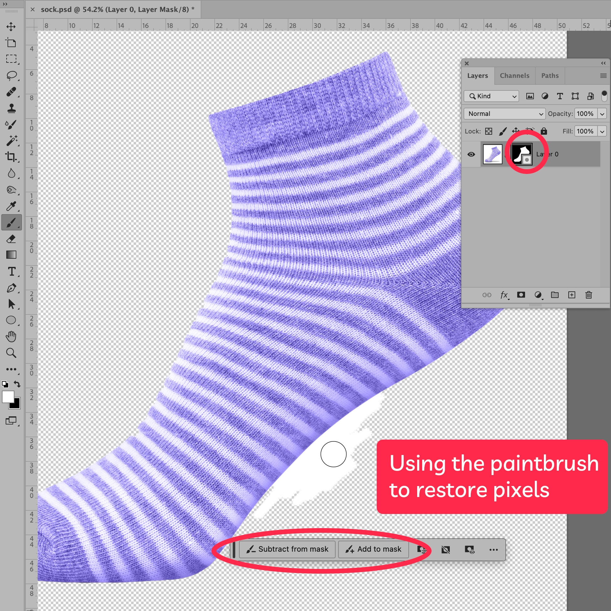 Photoshop layers panel showing color selection for the sock image background