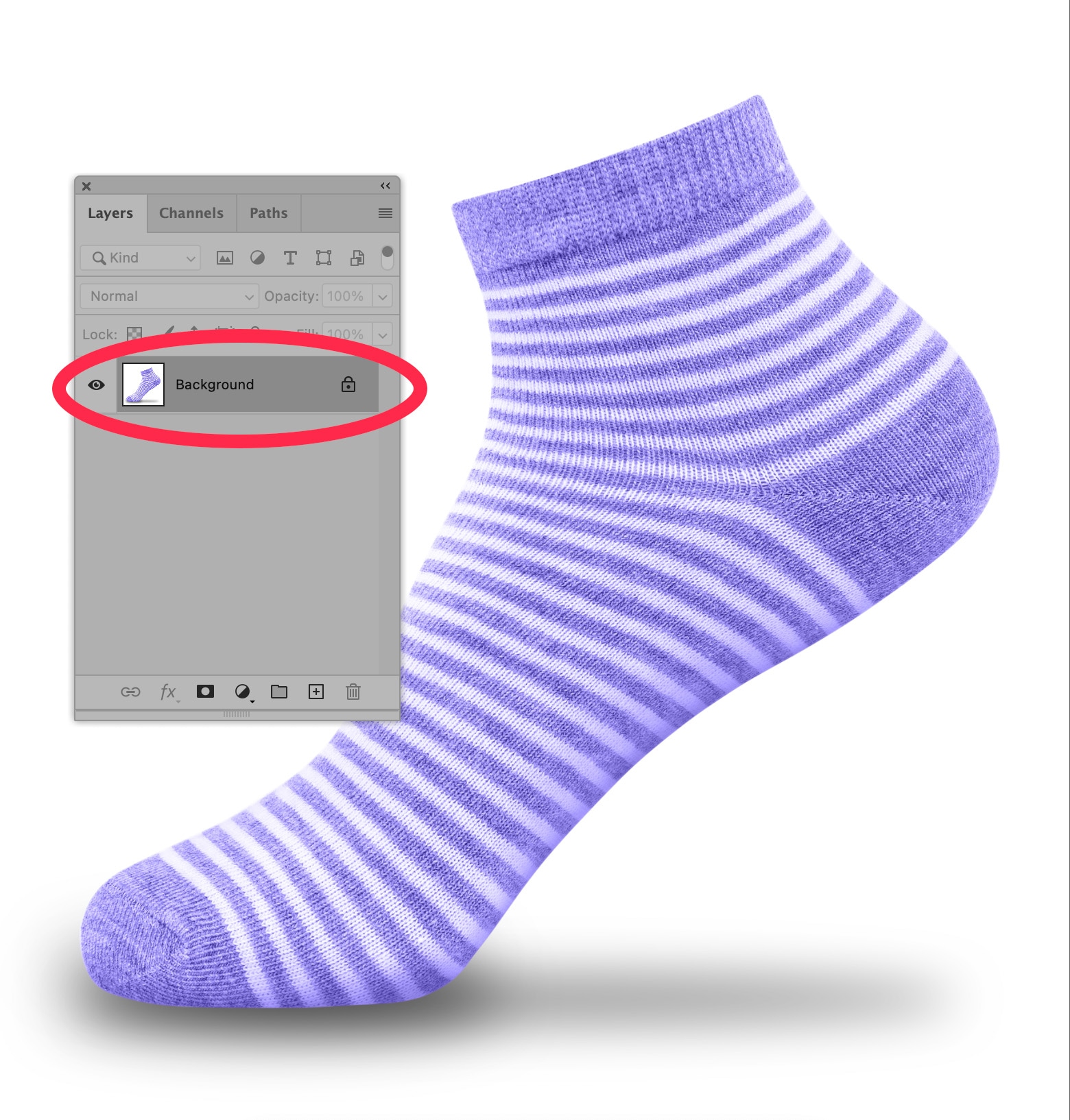 Photoshop workspace with a selected sock image and background removal option highlighted