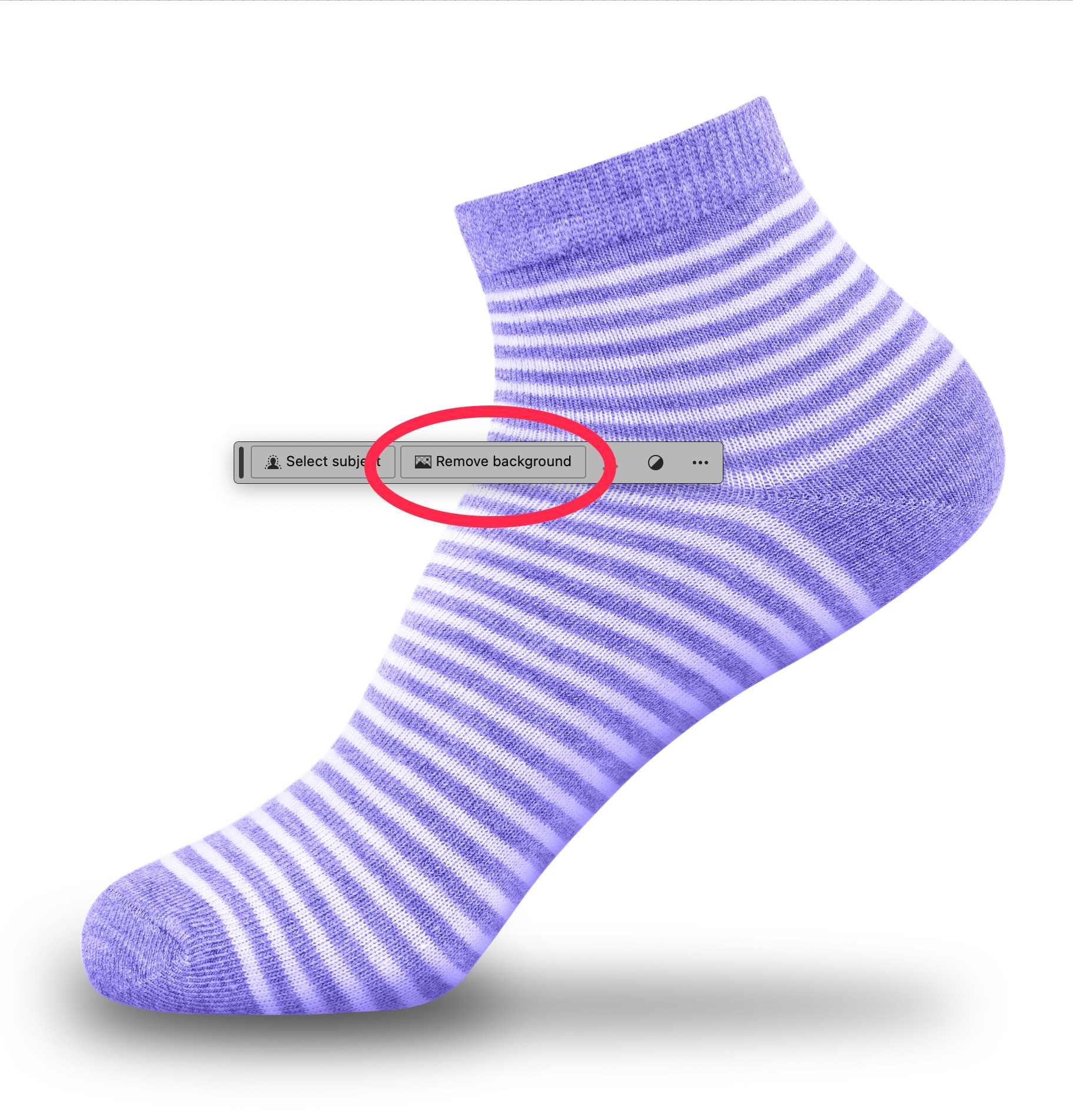Isolated purple sock image shown during background removal steps in Photoshop