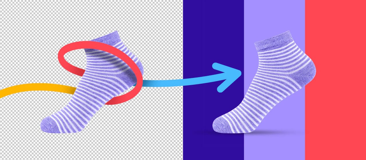 Header image showing a purple striped sock on colorful backgrounds