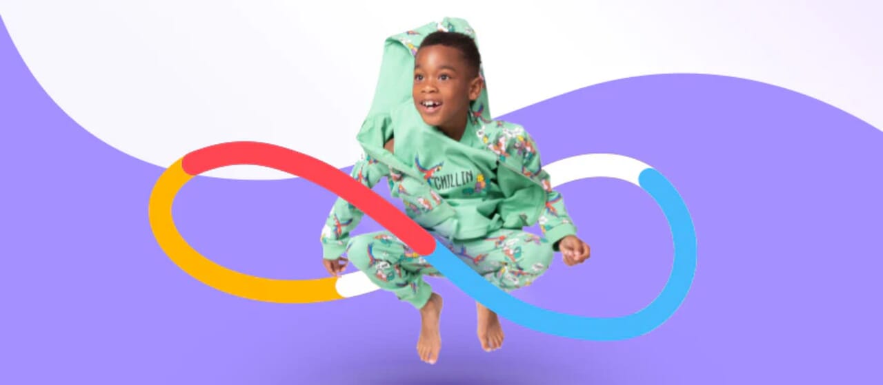 Child in vibrant green outfit jumps with colorful abstract graphics on a purple background.