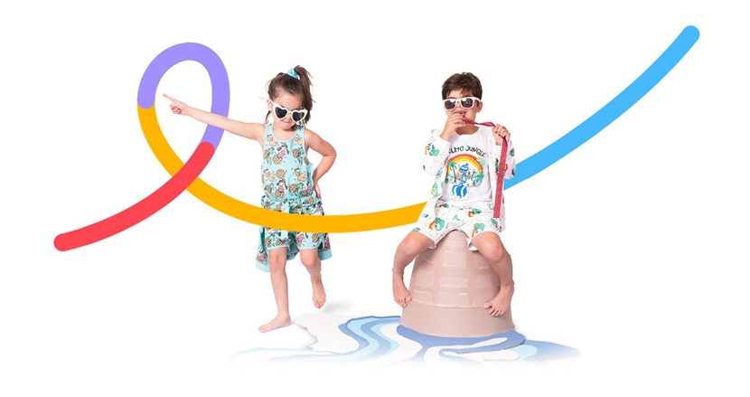 Two children wearing summer-themed outfits and sunglasses, with a colorful ribbon design in the background.