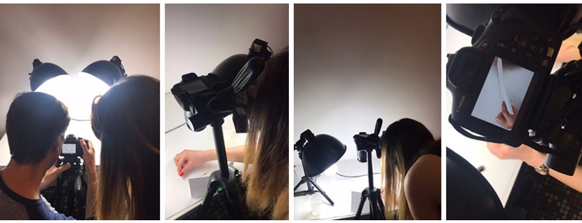 Behind-the-scenes look at jewelry photography setup with lighting and camera equipment