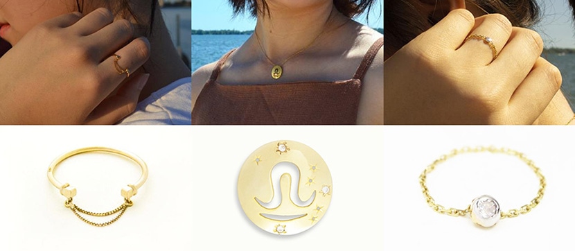 Collection of Claurete jewelry featuring minimalist rings, bracelets, and zodiac pendant
