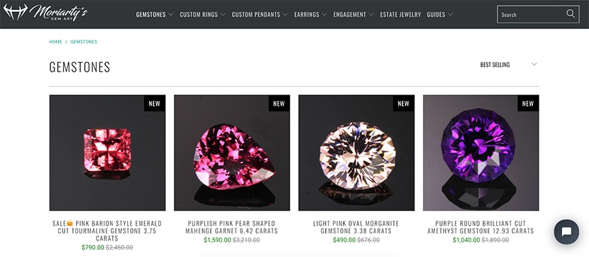 Selection of gemstones including pink tourmaline, garnet, morganite, and amethyst, shown on Moriarty's Gem Art website.