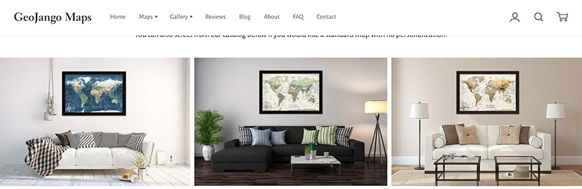 GeoJango Maps world maps displayed as wall decor in various living room settings.