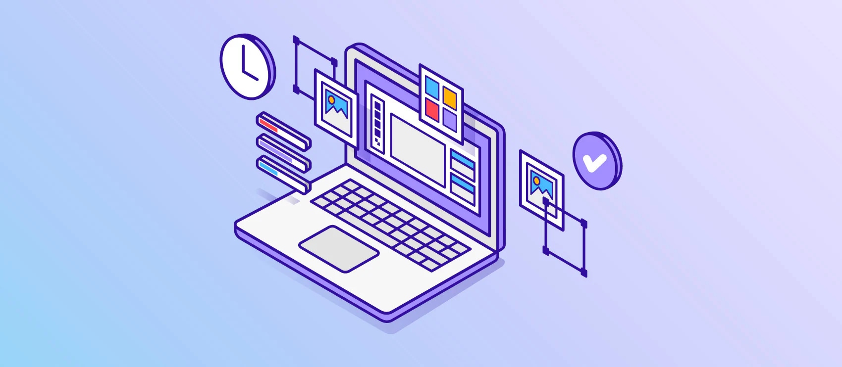 Illustration of a laptop with editing tools, images, and clock representing photo editing workflow efficiency.