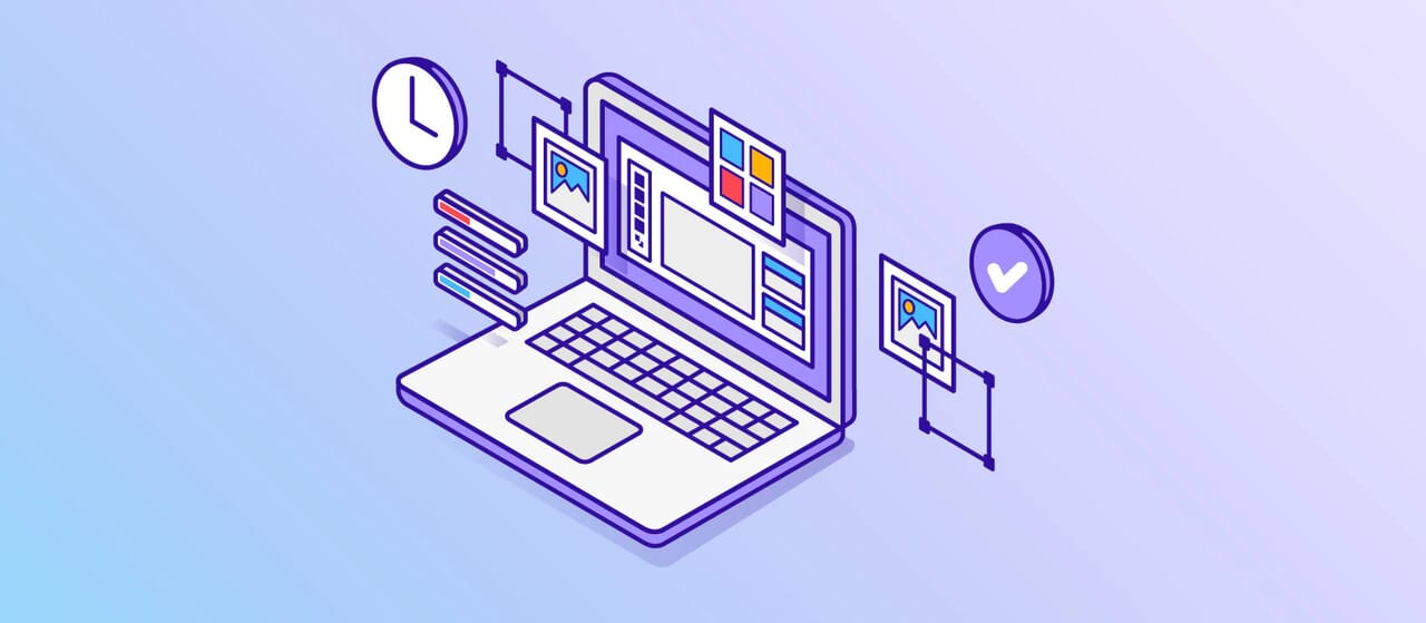 Illustration of a laptop with editing tools, images, and clock representing photo editing workflow efficiency.