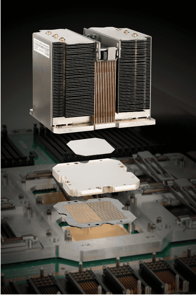 Exploded view of a high-performance CPU cooler showing fins, heat sink, and internal components for optimal heat dissipation.