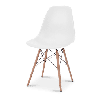 Modern white chair with wooden legs isolated on white background.
