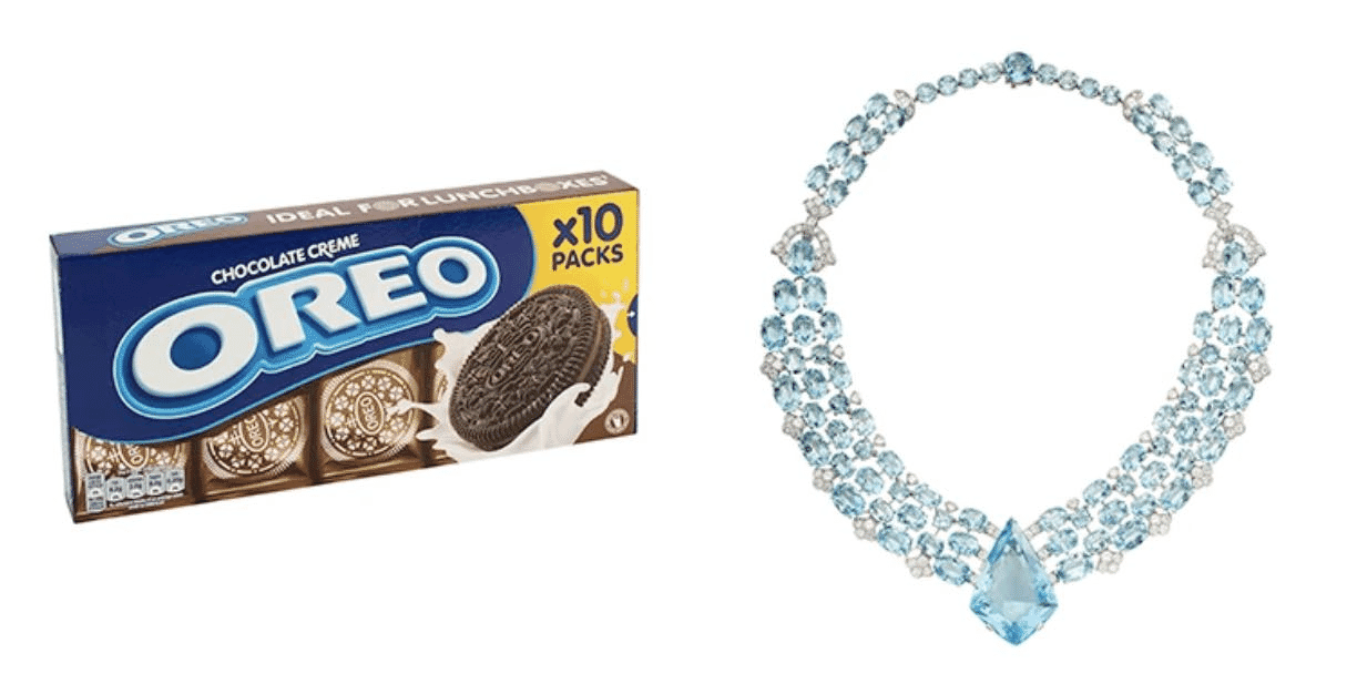 Cost comparison in photo editing for a simple Oreo box versus a detailed gemstone necklace.
