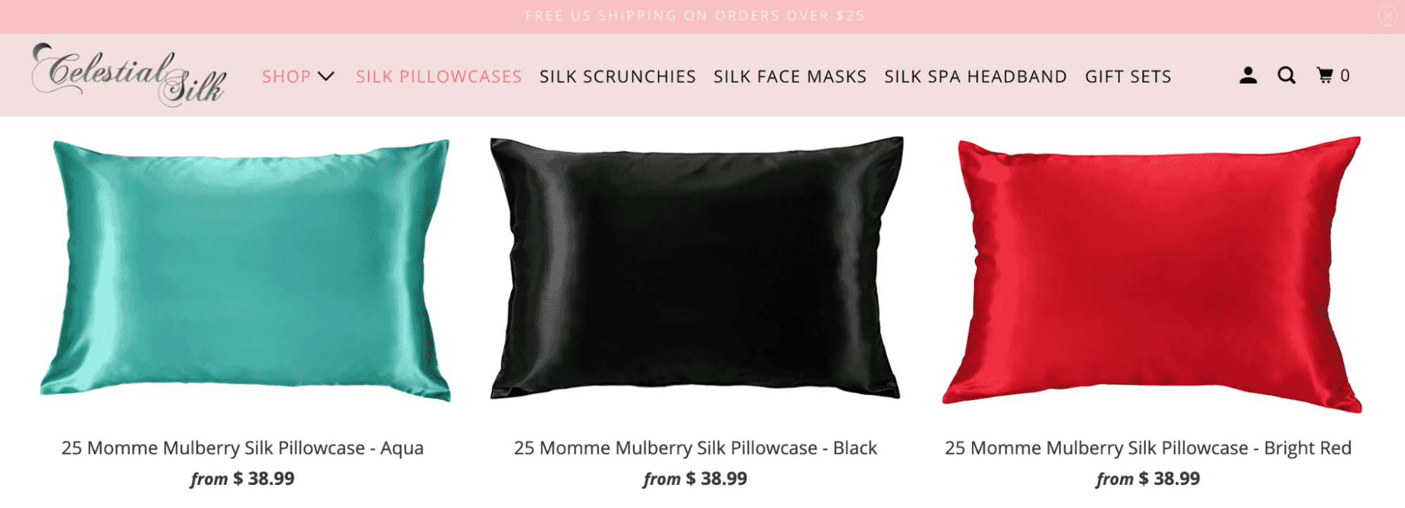 Celestial Silk 25 Momme Mulberry Silk Pillowcases in Aqua, Black, and Bright Red, starting at $38.99.