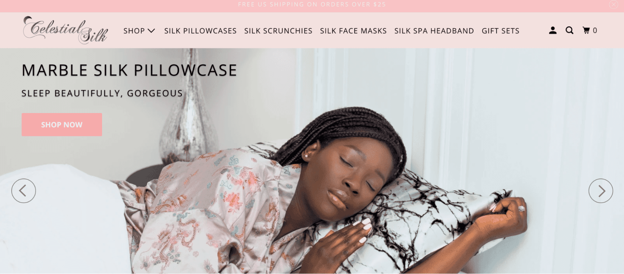 Woman resting on a marble silk pillowcase from Celestial Silk, showcasing luxury bedding for comfortable sleep