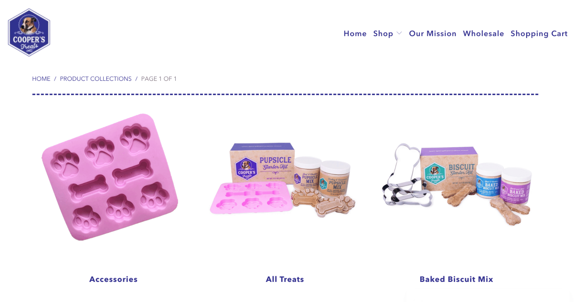 Cooper's Treats collection with dog treat molds, treat mix, and accessories displayed
