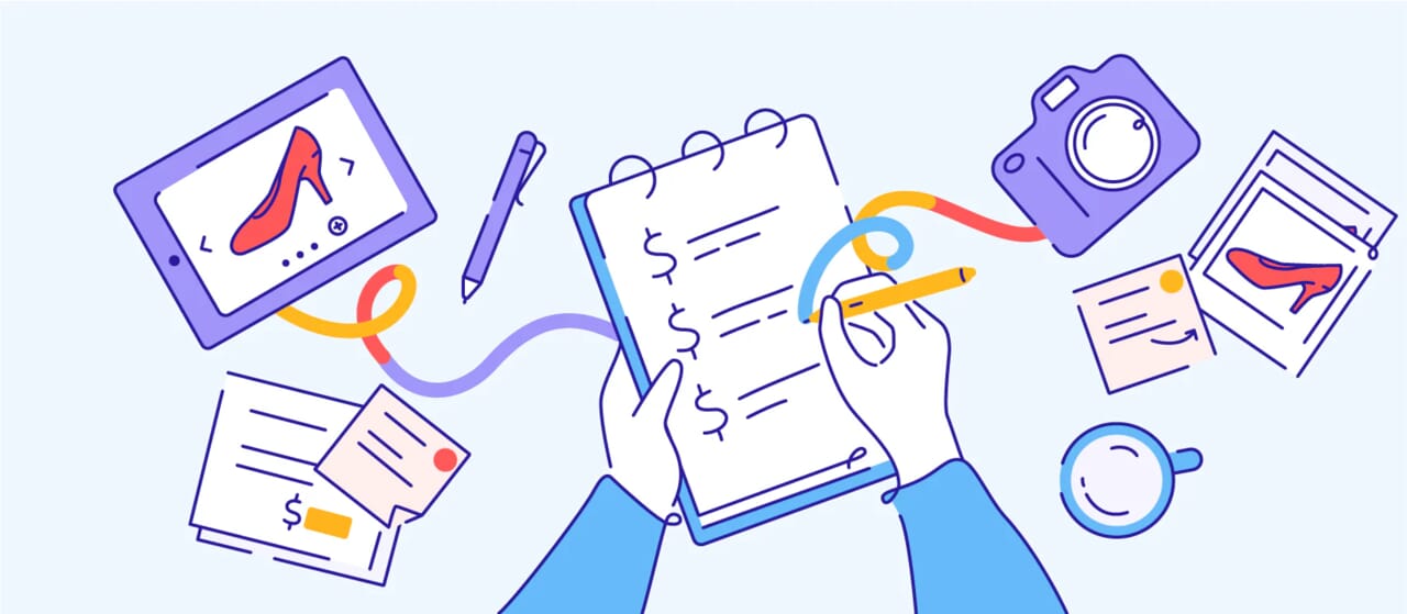 Colorful illustration of tools and icons for print-on-demand and eCommerce management