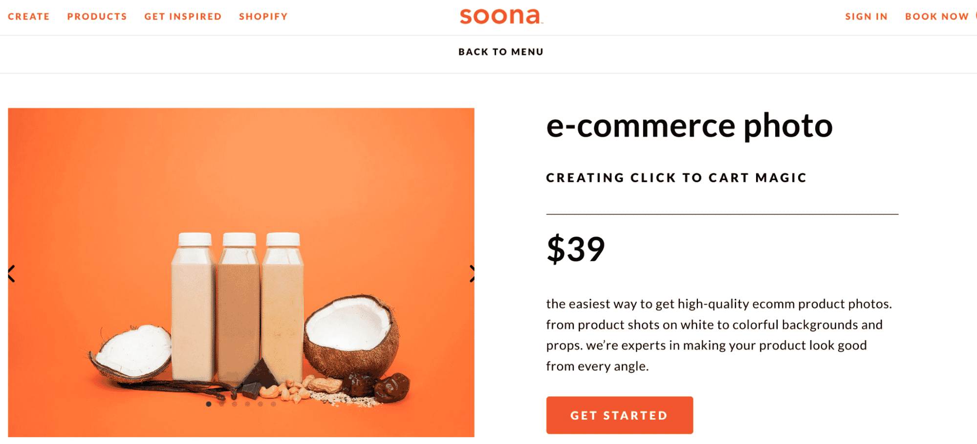 E-commerce product photography service by Soona for $39, featuring bottled drinks and coconut with an orange background