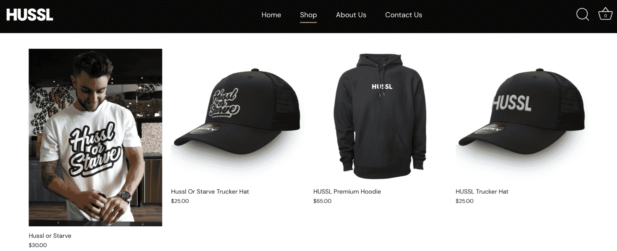 HUSSL clothing line featuring a 'Hussl or Starve' t-shirt, trucker hats, and premium hoodie displayed in online