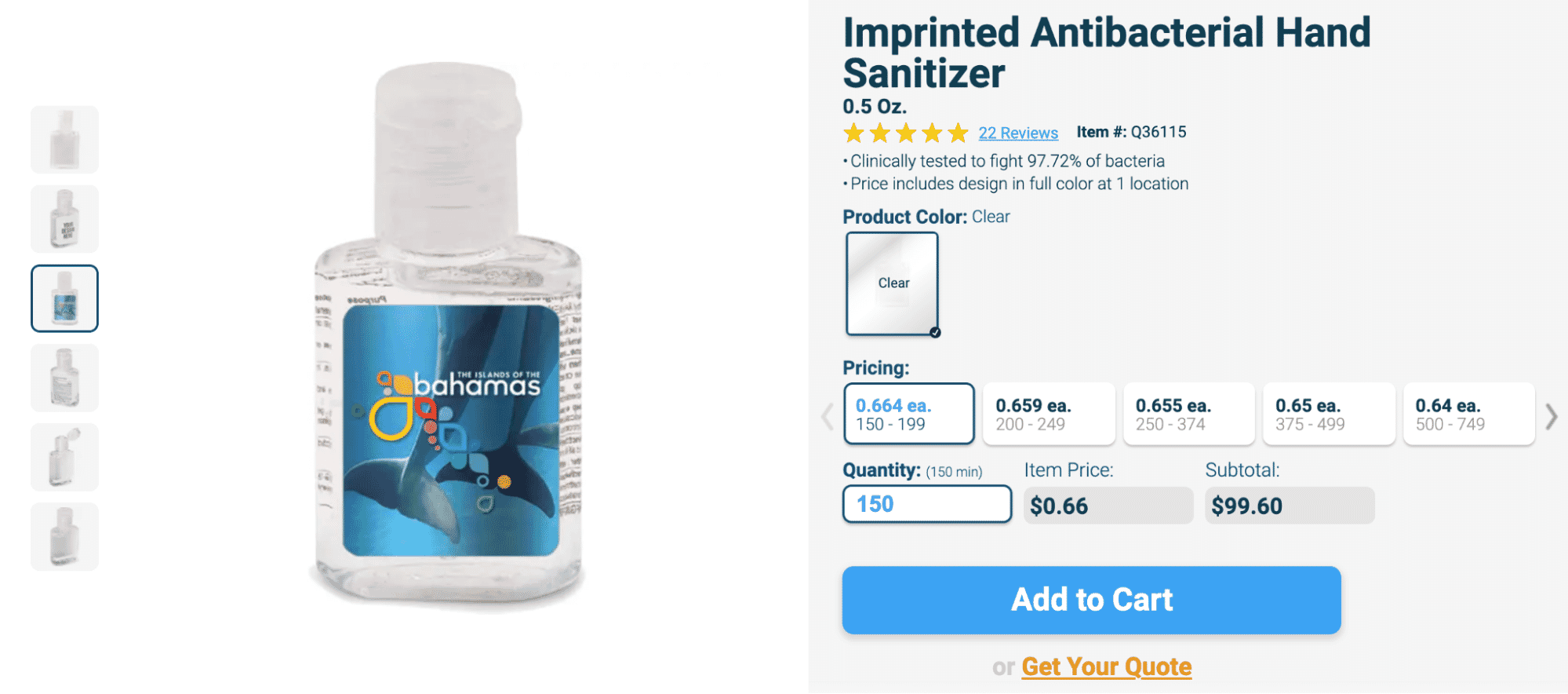 0.5 oz imprinted antibacterial hand sanitizer bottle with Bahamas-themed label, priced at $0.66 per unit for bulk purchase.