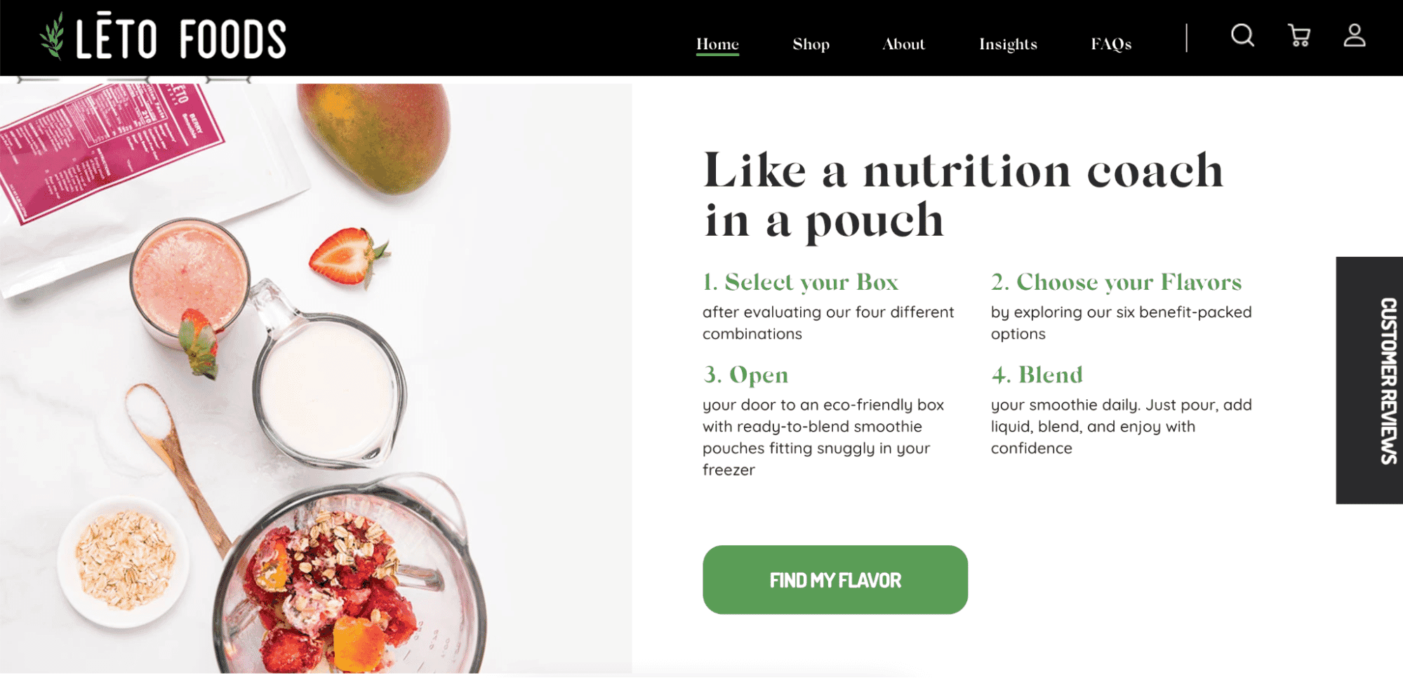 Lēto Foods smoothie ingredients and pouches with instructions for selecting, choosing flavors, and blending