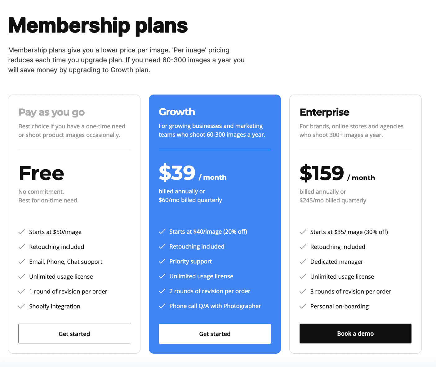 Photography membership plans with Free, Growth at $39/month, and Enterprise at $159/month options for various image needs