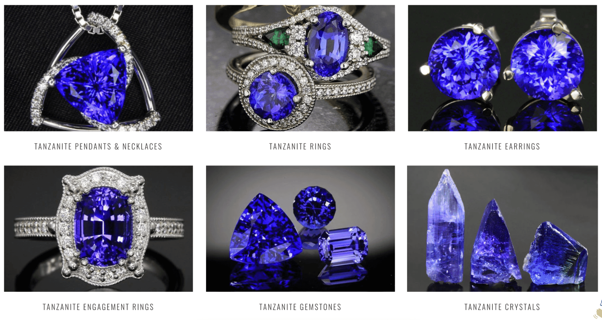Collection of tanzanite jewelry including rings, earrings, pendants, gemstones, and crystals in deep blue hues.