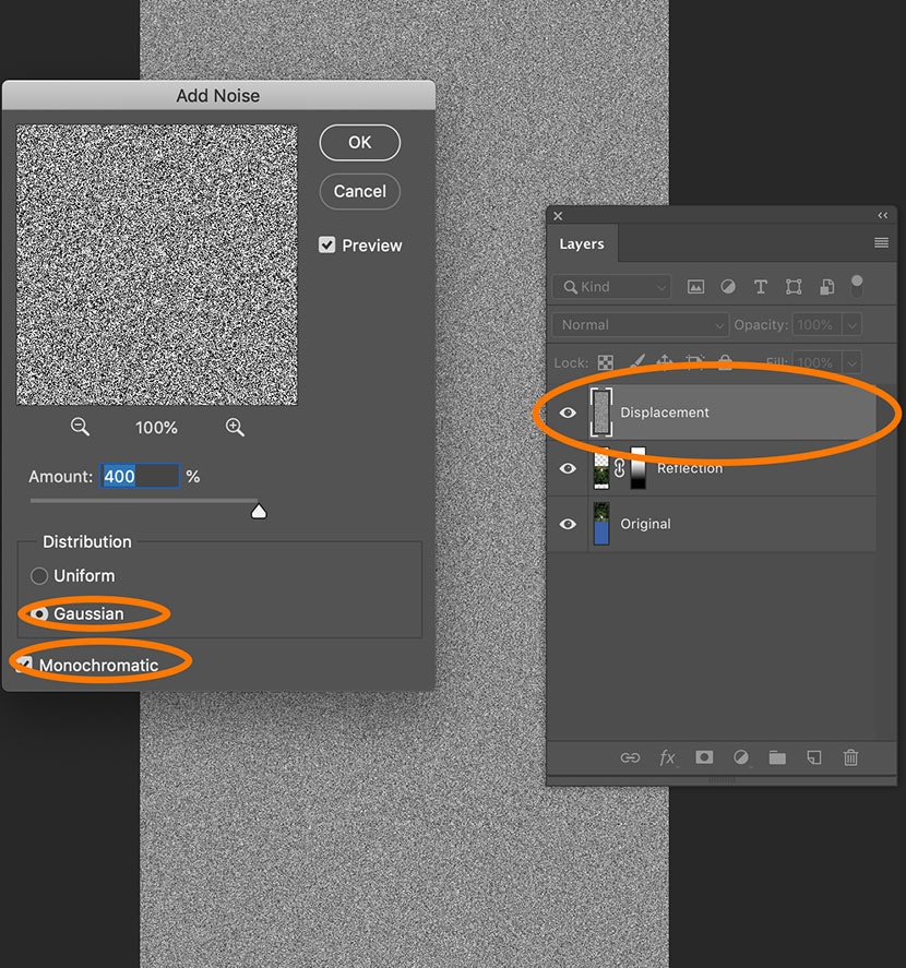 Using the Add Noise filter with Gaussian and Monochromatic options on a displacement layer in Photoshop.