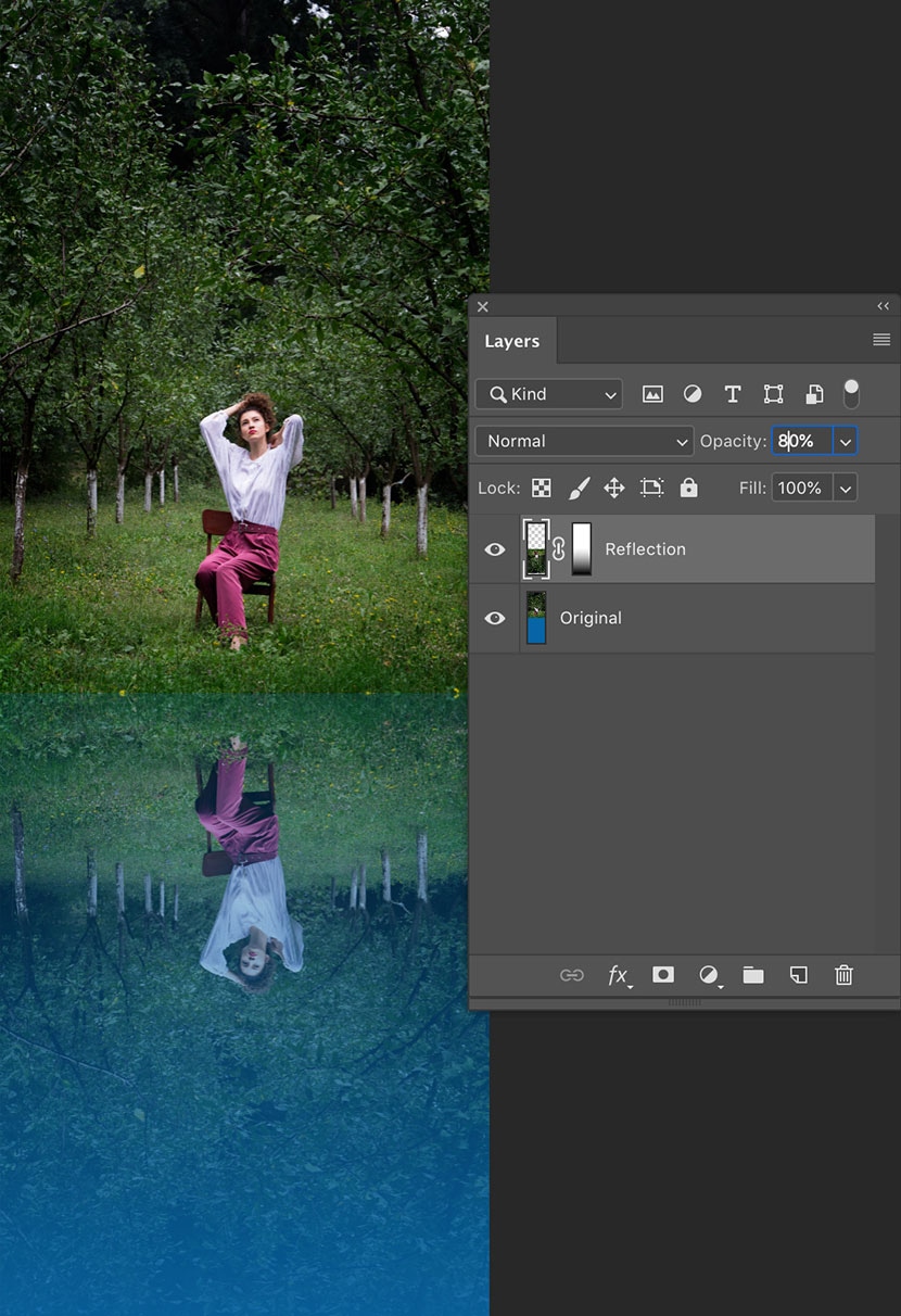 Lowering the opacity of the reflection layer to 80% in Photoshop for a natural mirrored effect in an outdoor portrait.