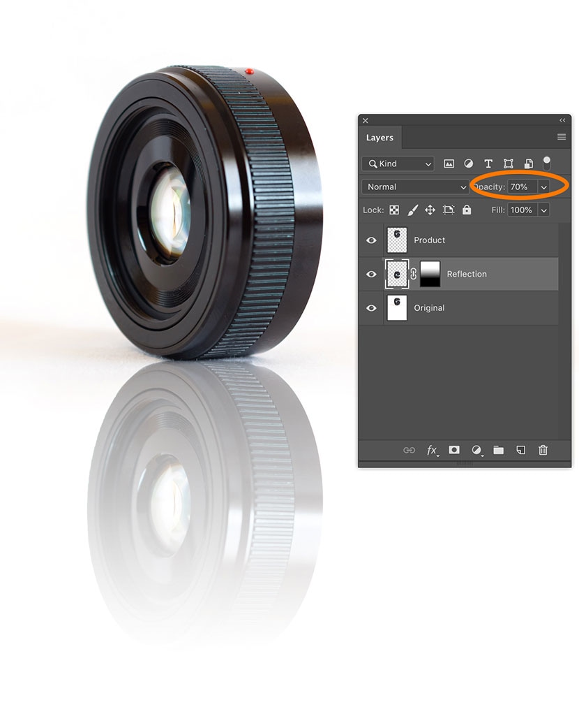 Setting the opacity of the reflection layer to 70% in Photoshop for a subtle, realistic camera lens reflection.