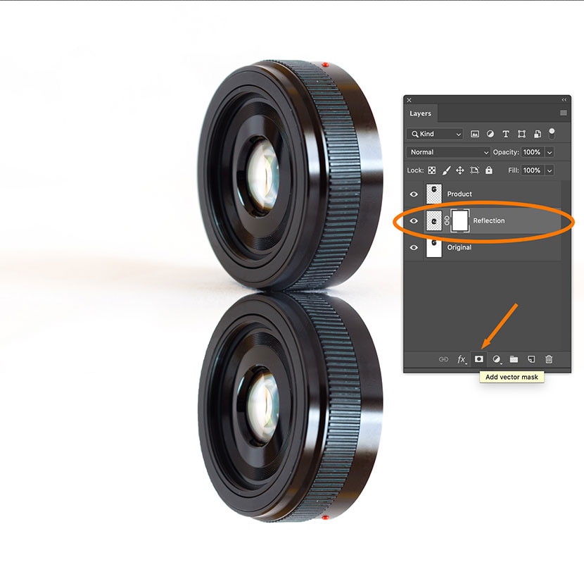 Adding a vector mask to the reflection layer of a camera lens in Photoshop for a realistic fading effect.