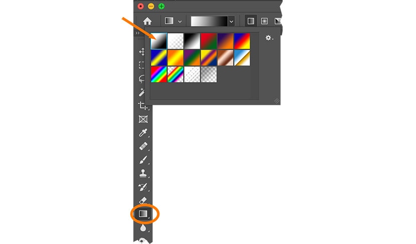 Selecting a black-to-white gradient in Photoshop’s Gradient Tool to create a realistic fade on the reflection layer.