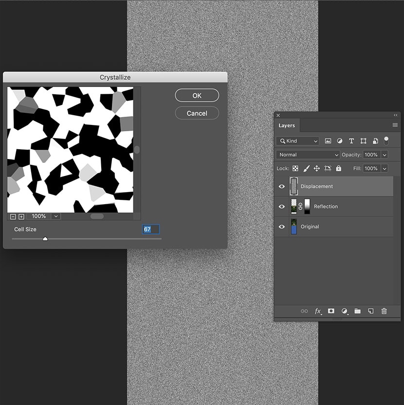 Using the Crystallize filter on a displacement layer in Photoshop with cell size set to 67 for texture effect.