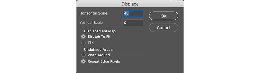 Setting horizontal scale to 40 in the Displace filter dialog in Photoshop for realistic reflection distortion effects.