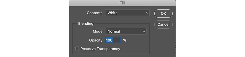 Setting Fill contents to white at 100% opacity in Photoshop for background adjustments.