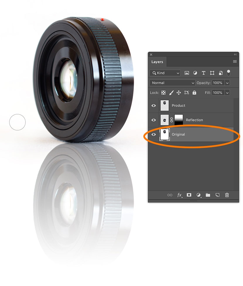 Finalizing the realistic reflection of a camera lens in Photoshop with adjustments to the original layer visibility.