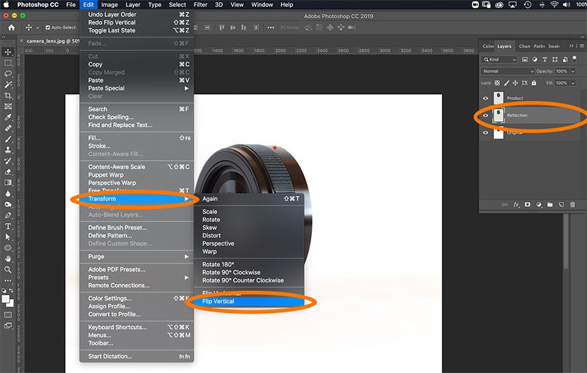 Using Photoshop’s Transform tool to flip the reflection layer vertically for a camera lens product image.