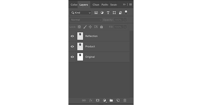 Photoshop layers panel showing separate layers for product, reflection, and original image setup.