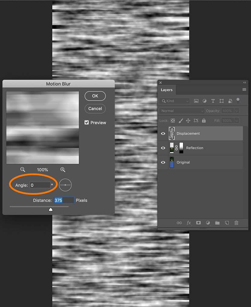 Using the Motion Blur filter with an angle of 0° on a displacement layer in Photoshop for a stretched texture effect.