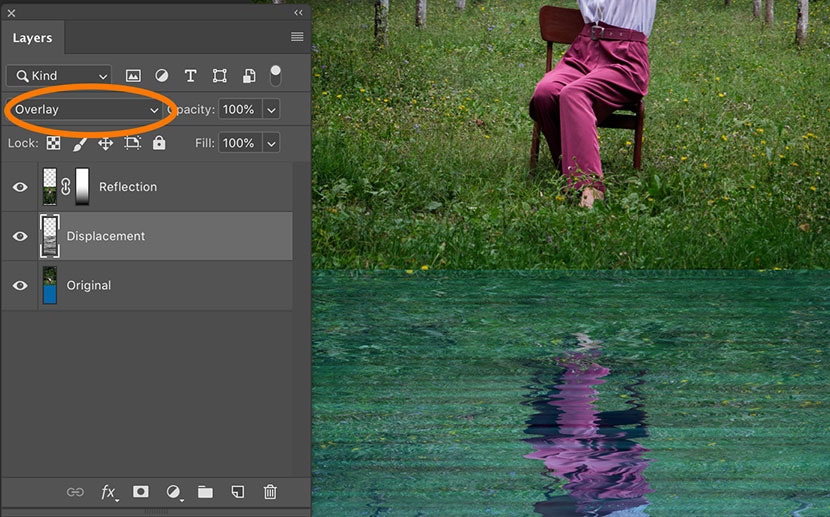Changing the blending mode of the reflection layer to Overlay in Photoshop for a natural water reflection effect.