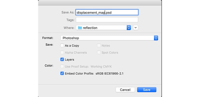 Saving a displacement map as a PSD file in Photoshop with layers and color profile embedded.