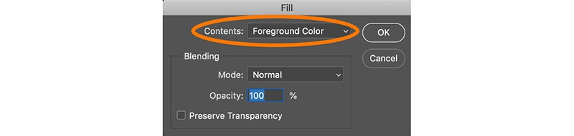 Using Photoshop’s Fill dialog to apply the Foreground Color with 100% opacity for background adjustments.