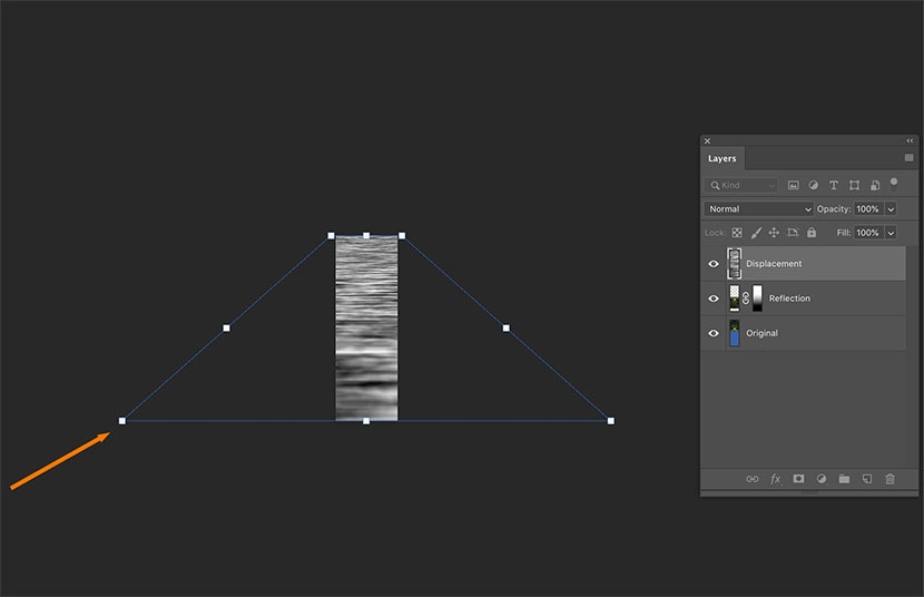 Using Photoshop’s transform tool to adjust the perspective of a displacement layer for a stretched effect.