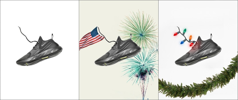 Black sneaker repurposed in different seasonal themes: plain background, patriotic with fireworks, and festive with holiday lights.