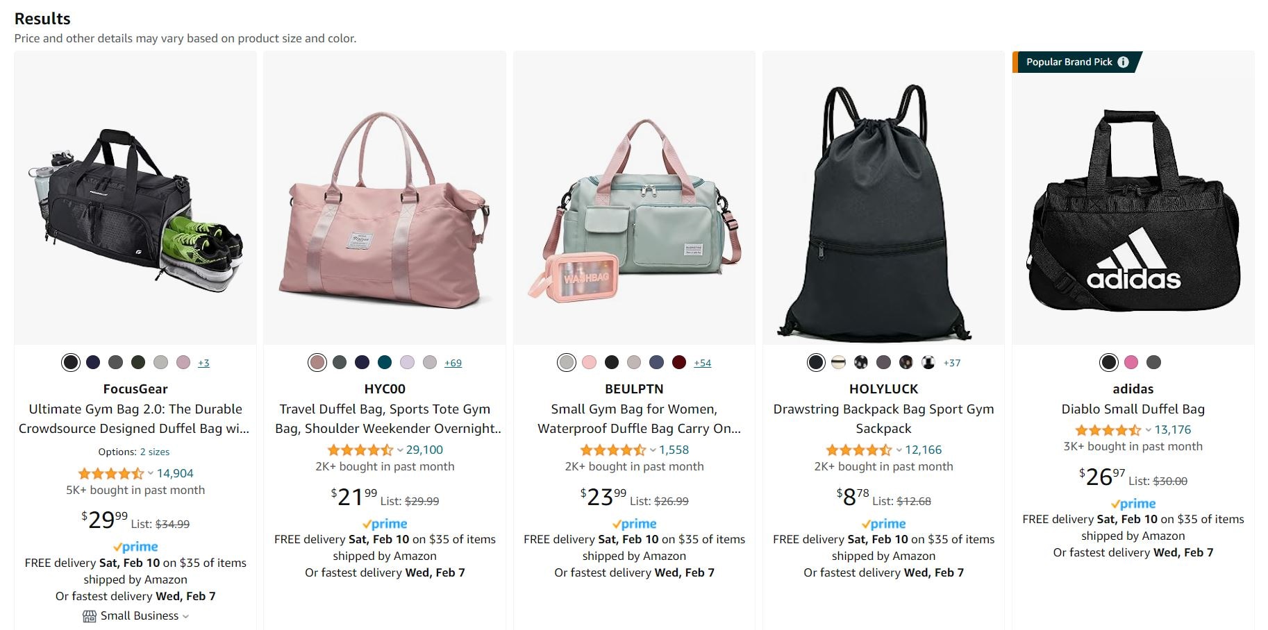 Amazon product listing featuring gym and sports duffel bags from brands like FocusGear, HYC00, BEULPTN, HOLYLUCK, and Adidas.