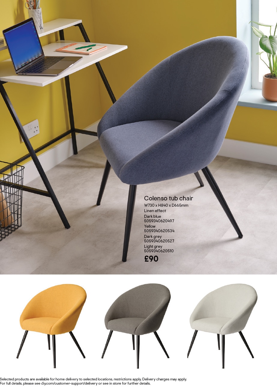 Colenso tub chair in dark blue next to a desk setup with additional color options in yellow, dark grey, and light grey below.
