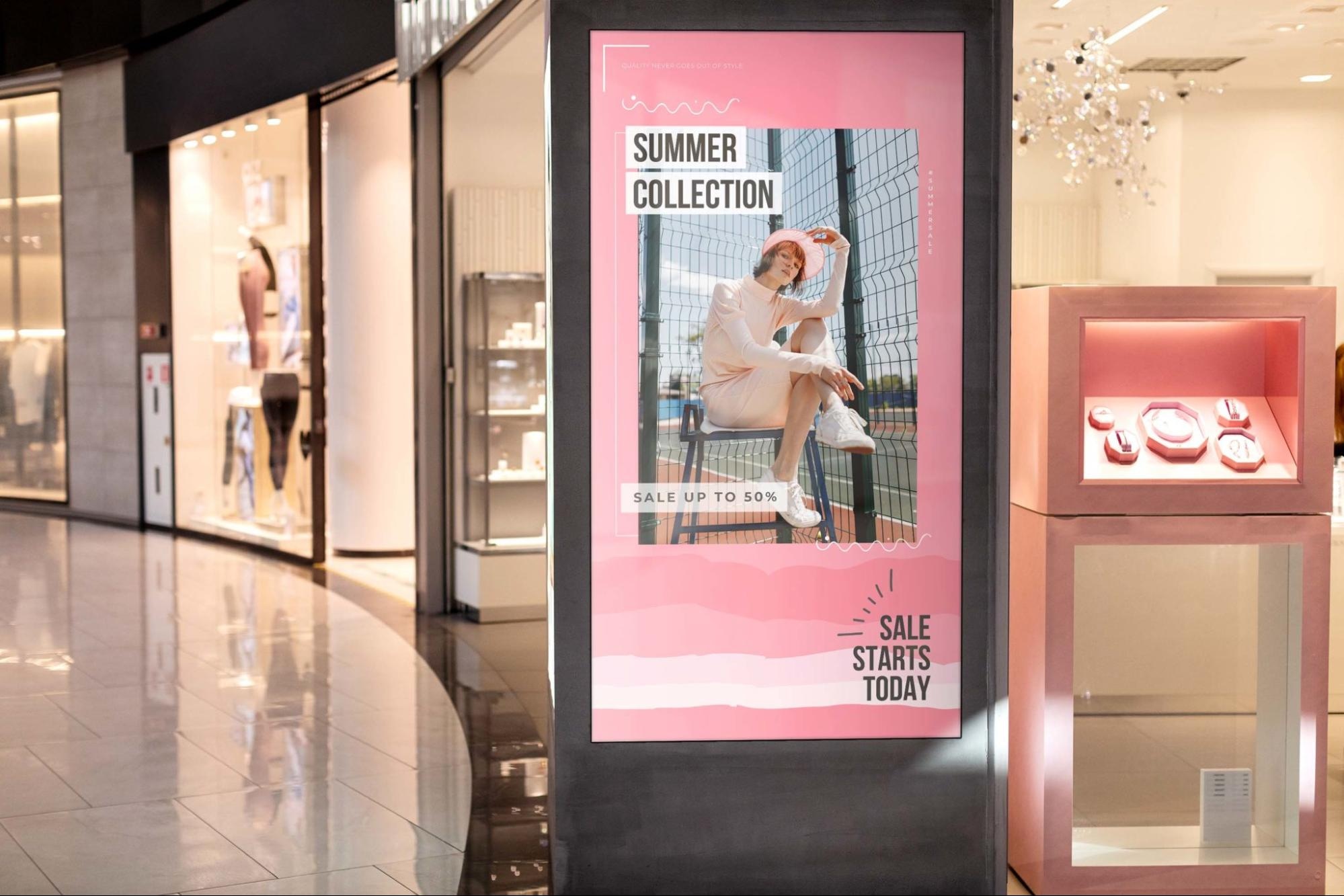 Digital mall signage with 'Summer Collection' ad, promoting up to 50% off sale in a modern retail setting.