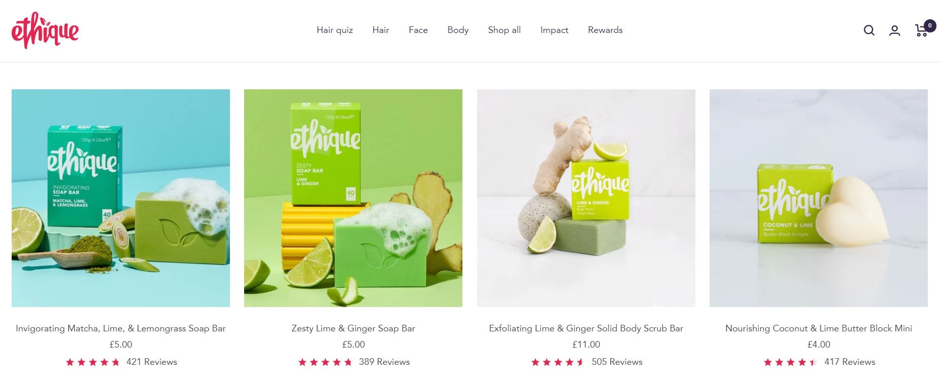 Ethique soap bars in various scents like matcha, lime, and coconut, displayed with ingredients