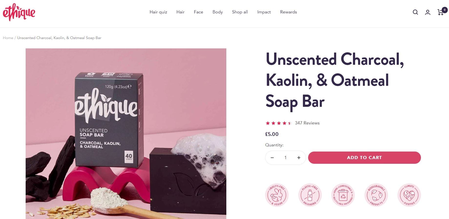 Ethique charcoal, kaolin, and oatmeal unscented soap bar with eco-friendly packaging and natural ingredients
