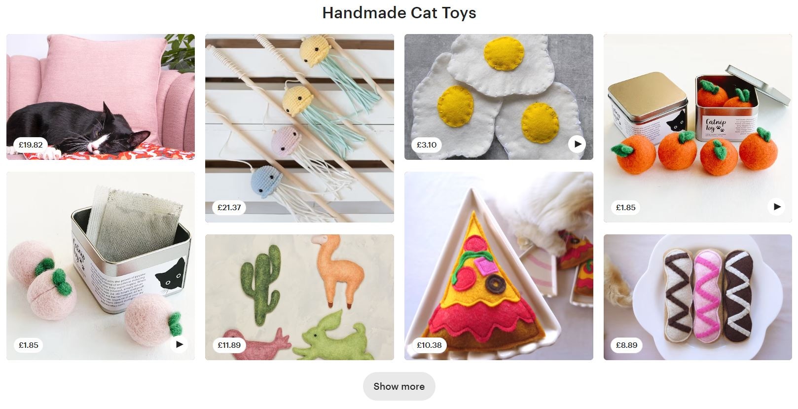 Collection of handmade cat toys, including plush fruits, yarn toys, and felt treats in a grid layout with prices displayed.