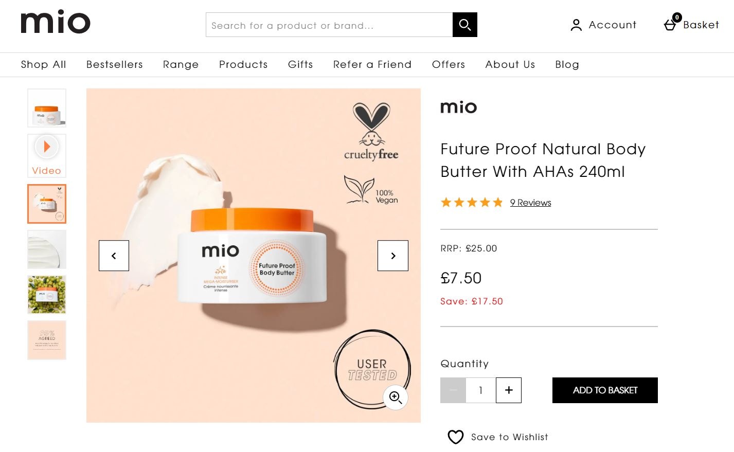 Mio Future Proof Body Butter with AHAs, vegan and cruelty-free, shown on a soft beige background with product texture.